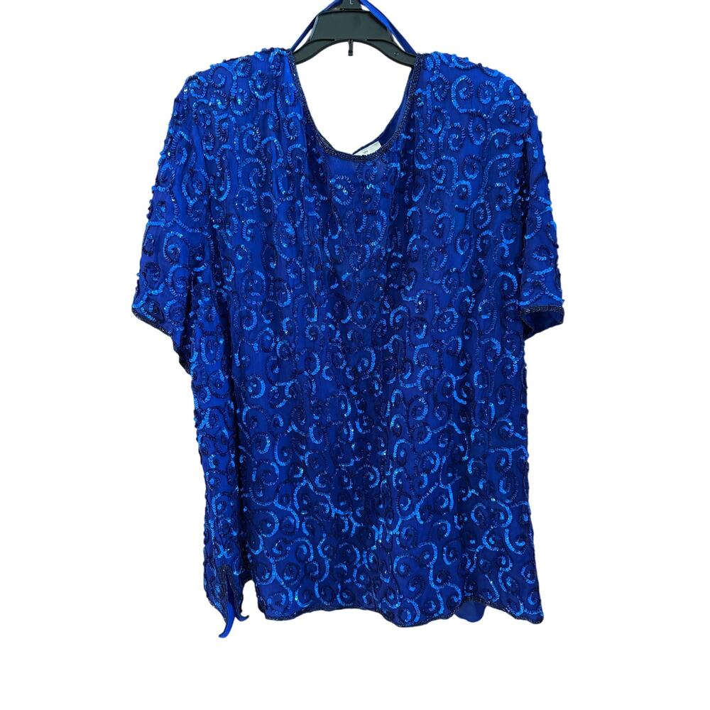 Joseph Le Bon Vintage Royal Blue Silk Sequin Beaded Evening Blouse Womens Top